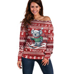 Australia Christmas In July Off Shoulder Sweater Koala Santa Skiing Red Color
