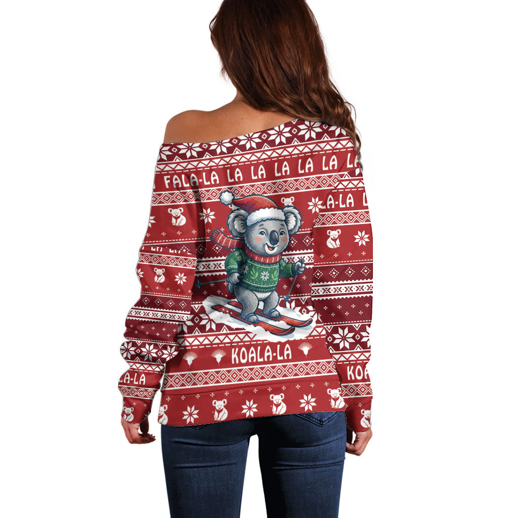 Australia Christmas In July Off Shoulder Sweater Koala Santa Skiing Red Color