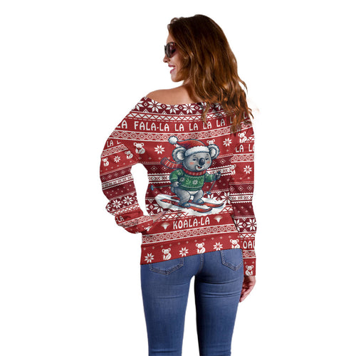 Australia Christmas In July Off Shoulder Sweater Koala Santa Skiing Red Color