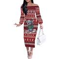 Australia Christmas In July Off The Shoulder Long Sleeve Dress Koala Santa Skiing Red Color