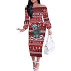 Australia Christmas In July Off The Shoulder Long Sleeve Dress Koala Santa Skiing Red Color