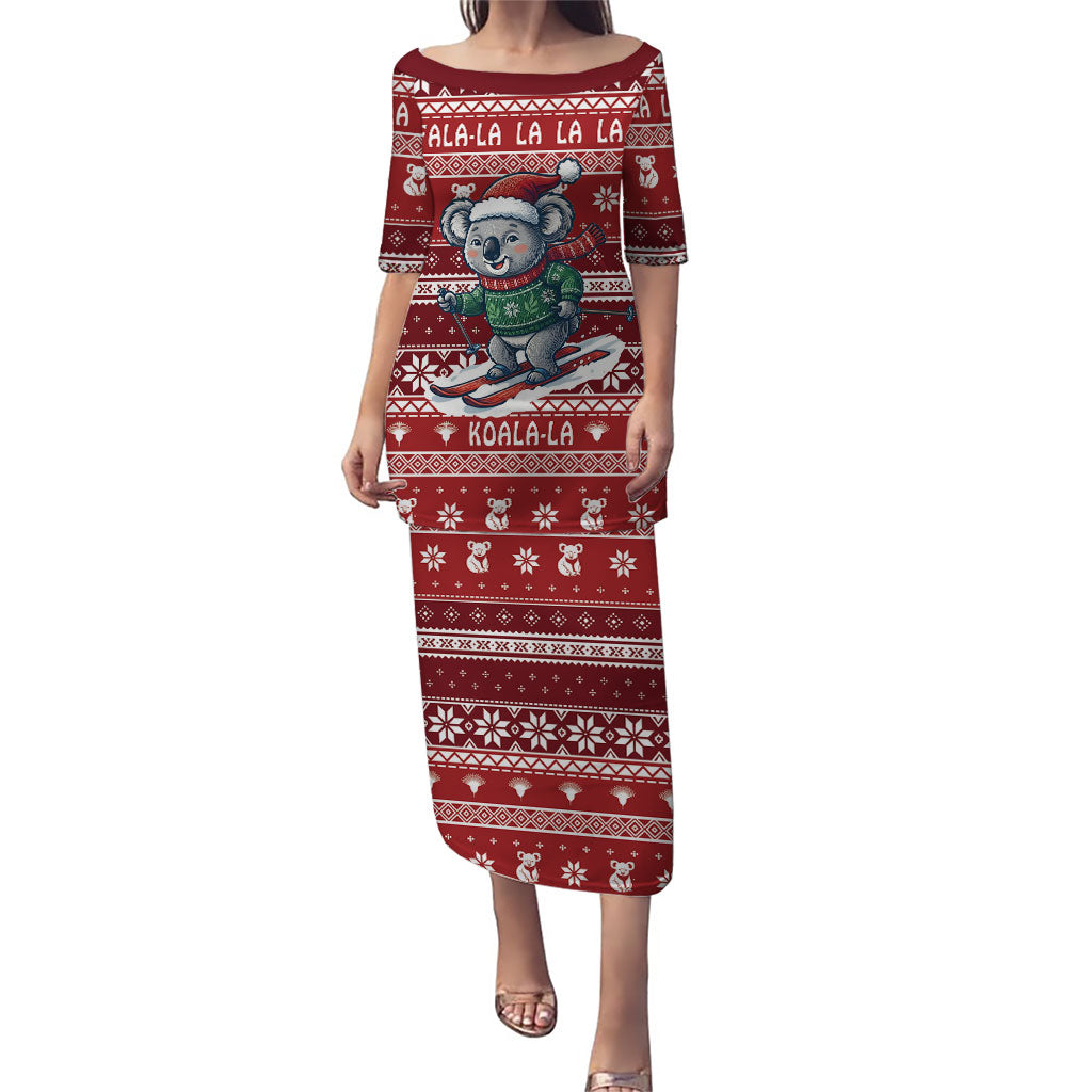 Australia Christmas In July Puletasi Koala Santa Skiing Red Color