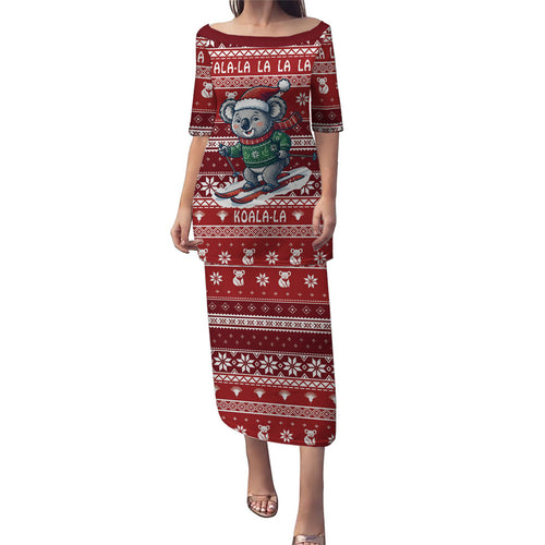 Australia Christmas In July Puletasi Koala Santa Skiing Red Color