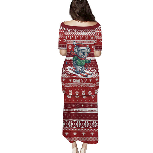 Australia Christmas In July Puletasi Koala Santa Skiing Red Color