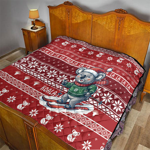 Australia Christmas In July Quilt Koala Santa Skiing Red Color