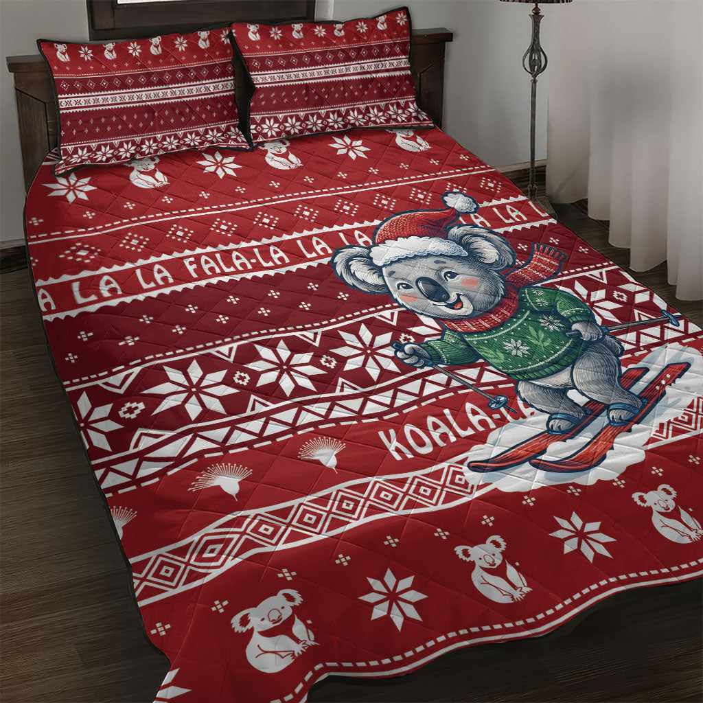 Australia Christmas In July Quilt Bed Set Koala Santa Skiing Red Color