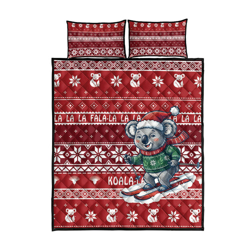 Australia Christmas In July Quilt Bed Set Koala Santa Skiing Red Color