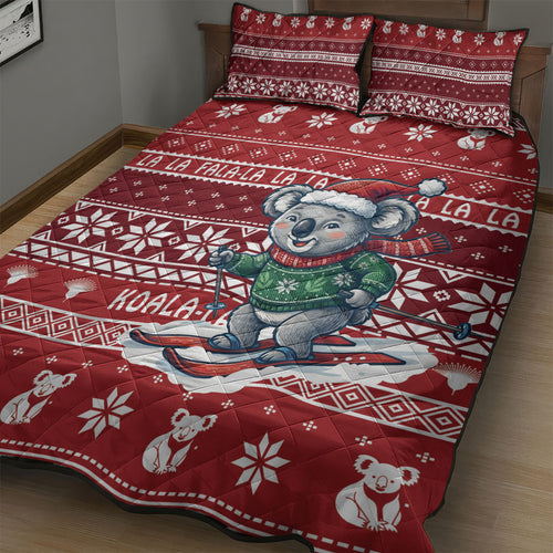 Australia Christmas In July Quilt Bed Set Koala Santa Skiing Red Color