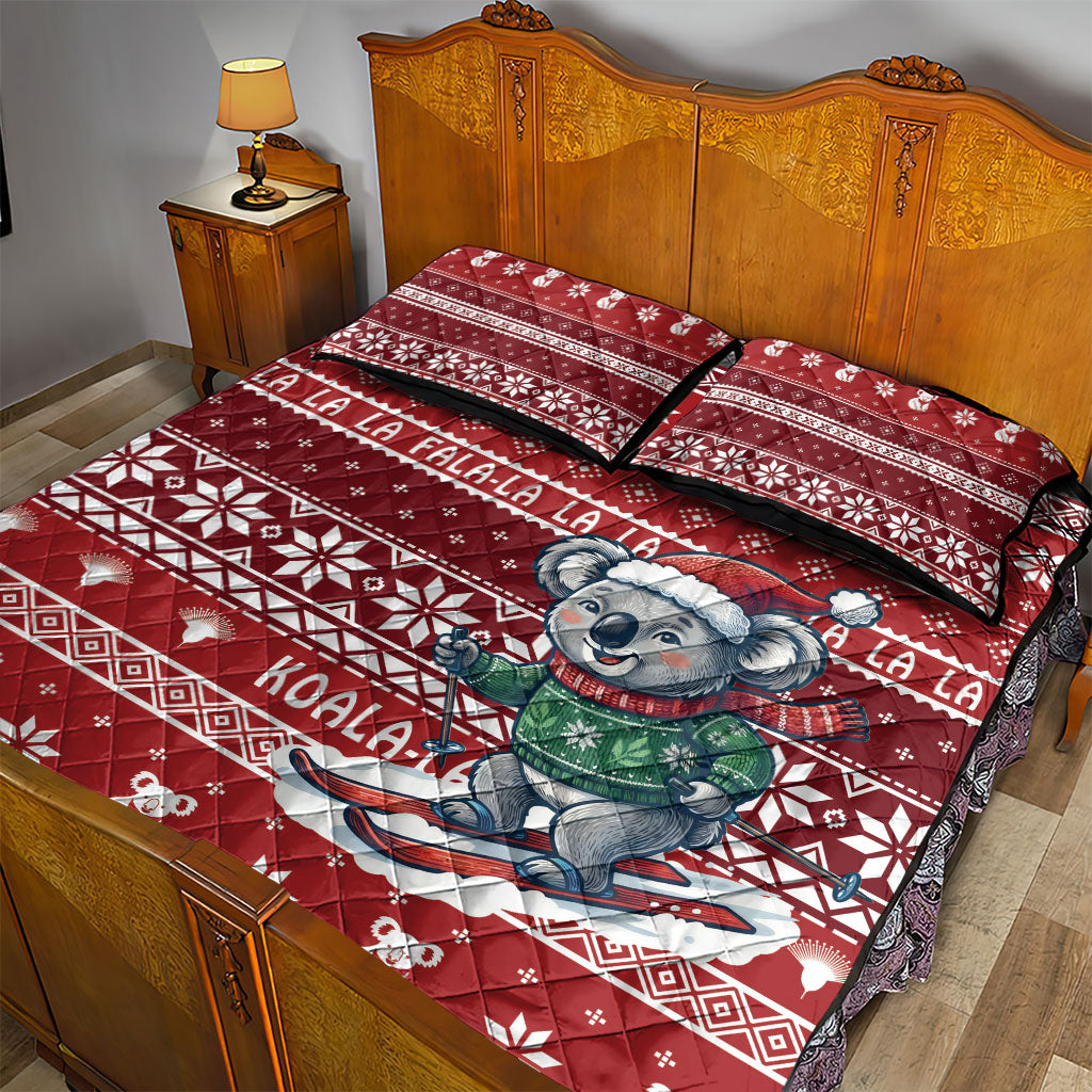 Australia Christmas In July Quilt Bed Set Koala Santa Skiing Red Color