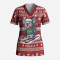 Australia Christmas In July Scrub Top Koala Santa Skiing Red Color