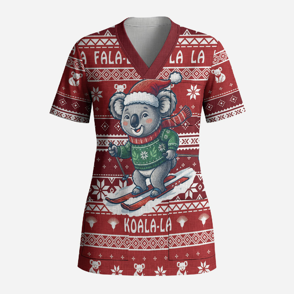 Australia Christmas In July Scrub Top Koala Santa Skiing Red Color