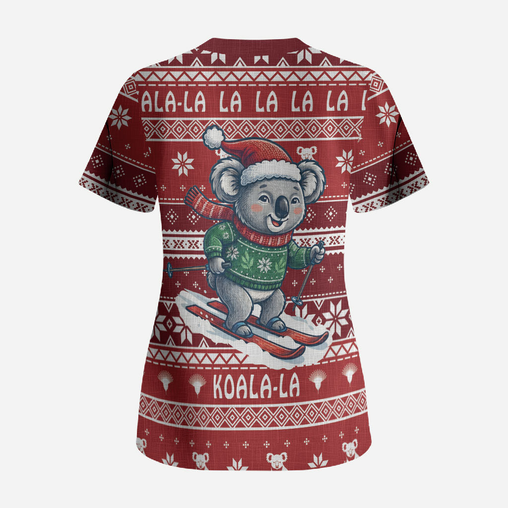 Australia Christmas In July Scrub Top Koala Santa Skiing Red Color
