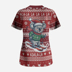 Australia Christmas In July Scrub Top Koala Santa Skiing Red Color
