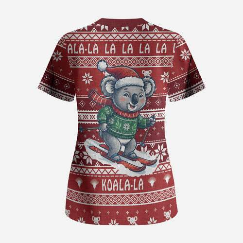 Australia Christmas In July Scrub Top Koala Santa Skiing Red Color