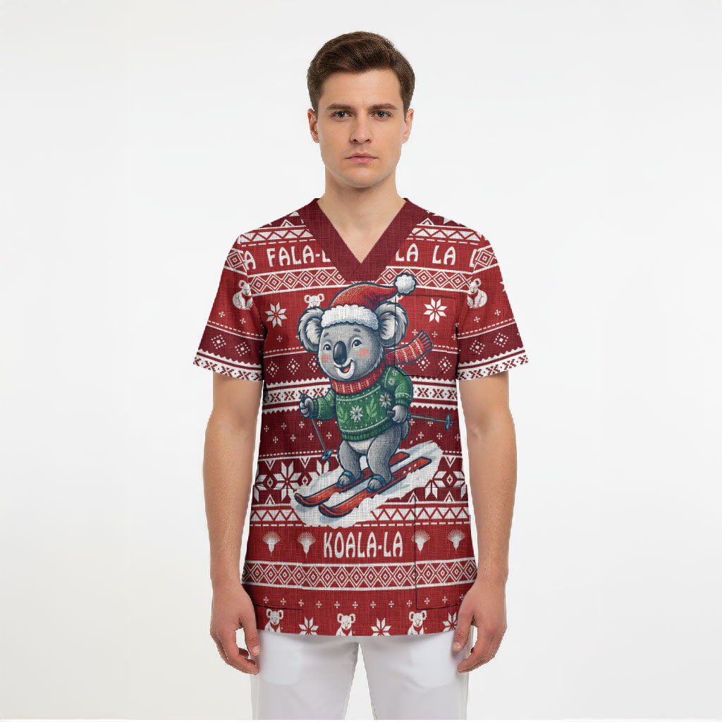 Australia Christmas In July Scrub Top Koala Santa Skiing Red Color