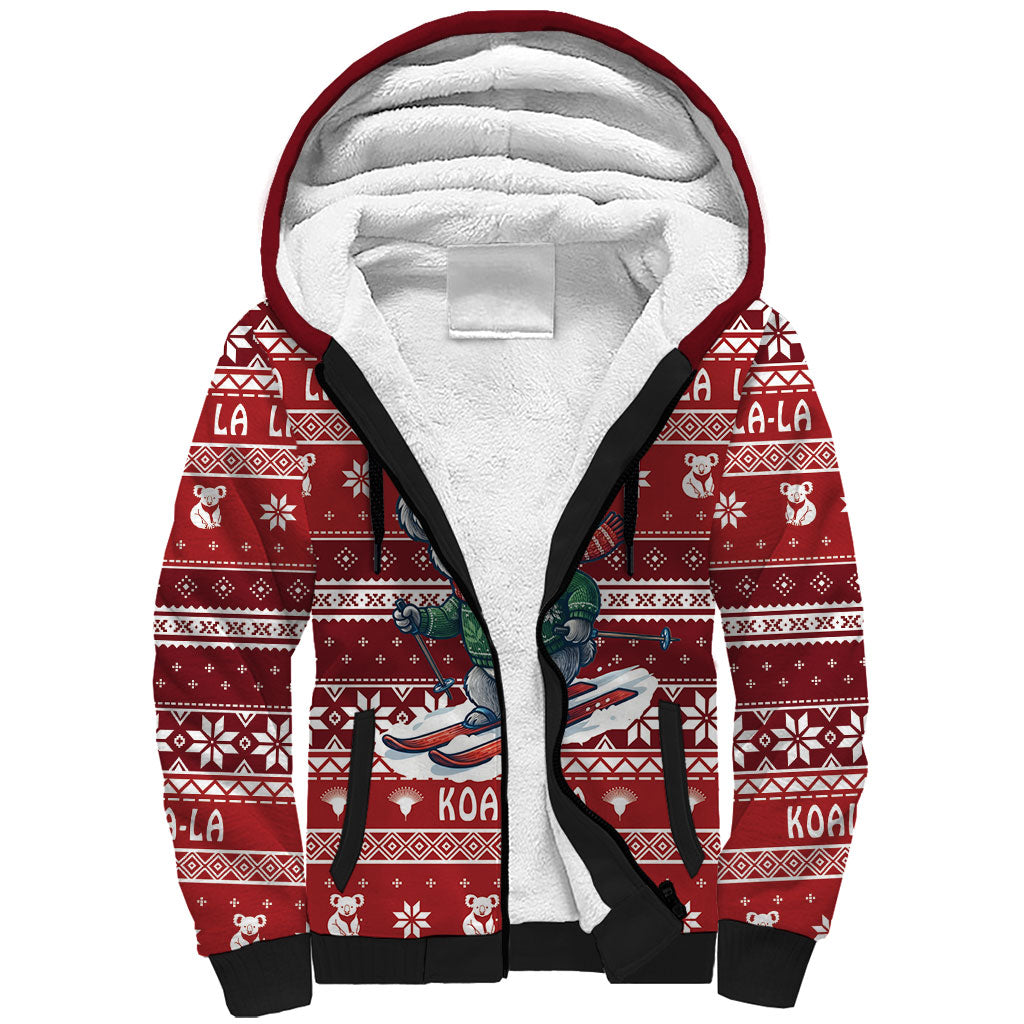 Australia Christmas In July Sherpa Hoodie Koala Santa Skiing Red Color