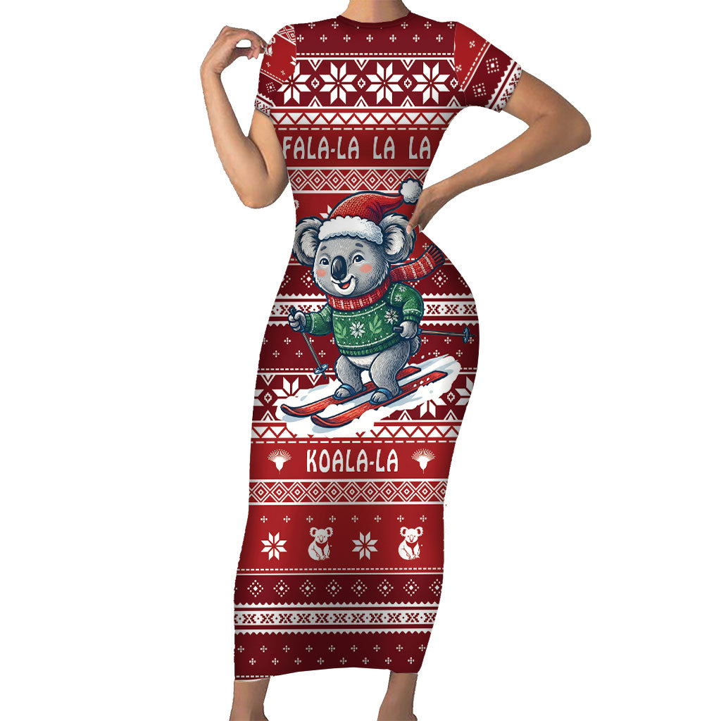 Australia Christmas In July Short Sleeve Bodycon Dress Koala Santa Skiing Red Color