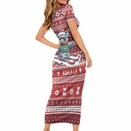 Australia Christmas In July Short Sleeve Bodycon Dress Koala Santa Skiing Red Color LT22