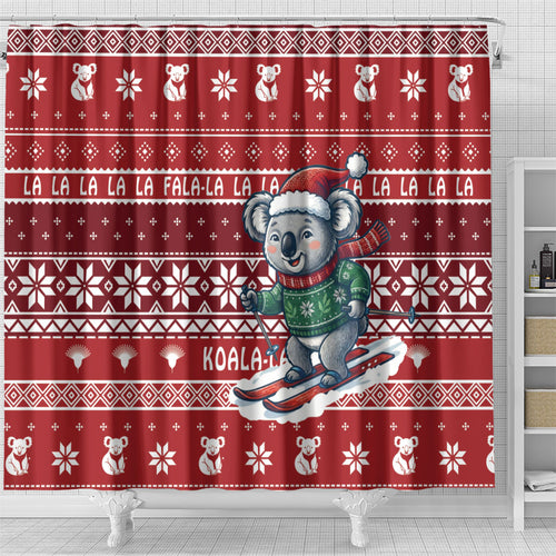 Australia Christmas In July Shower Curtain Koala Santa Skiing Red Color