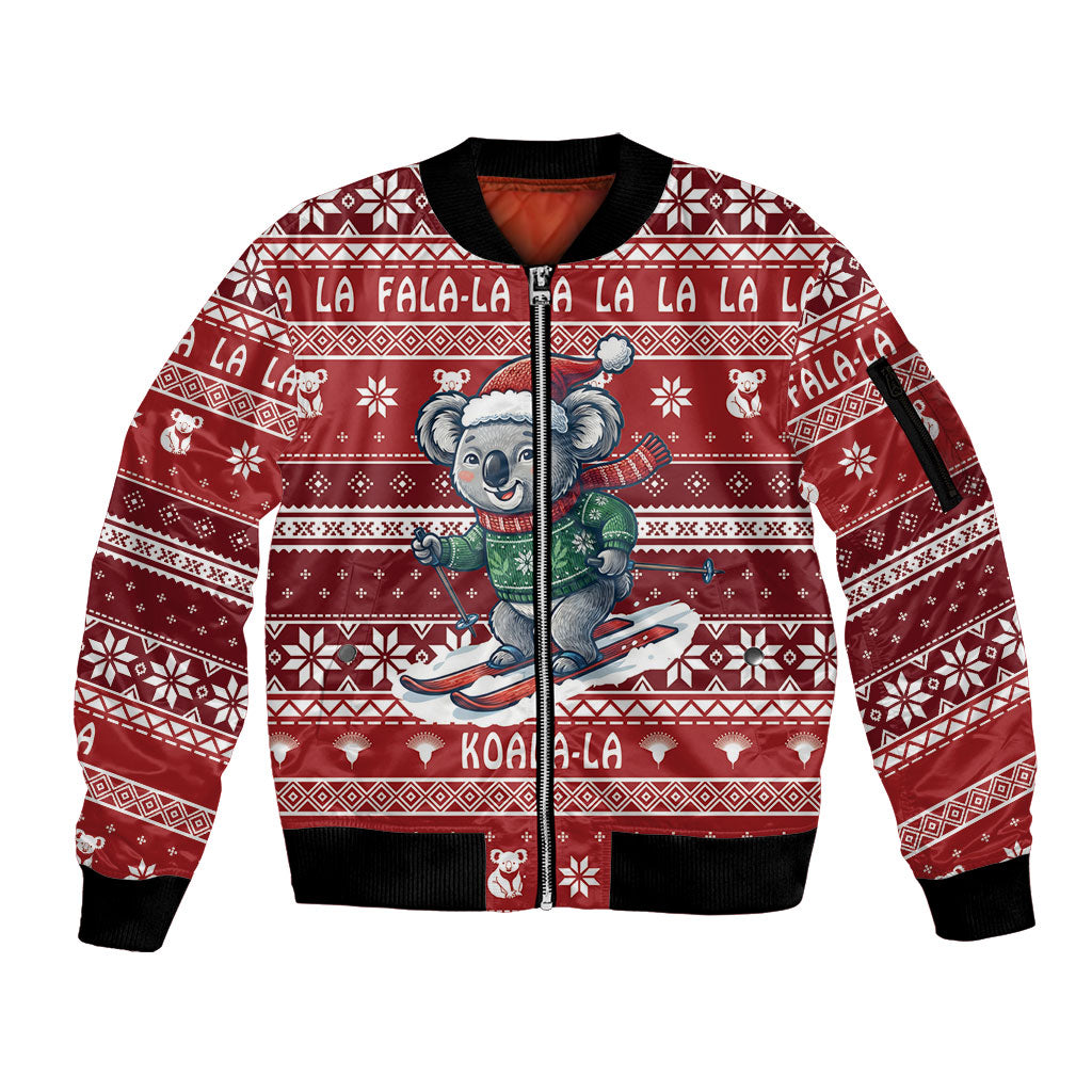 Australia Christmas In July Sleeve Zip Bomber Jacket Koala Santa Skiing Red Color
