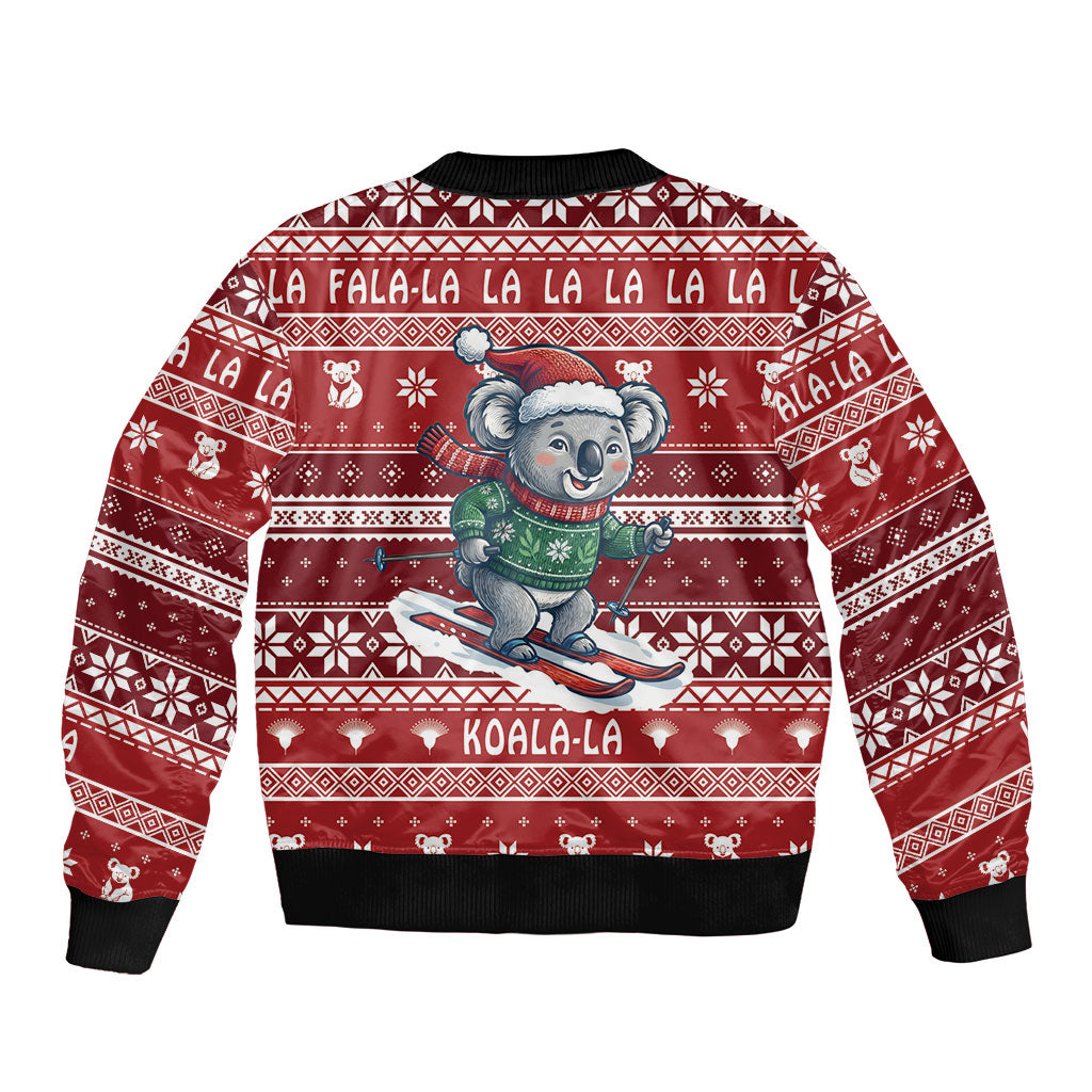 Australia Christmas In July Sleeve Zip Bomber Jacket Koala Santa Skiing Red Color