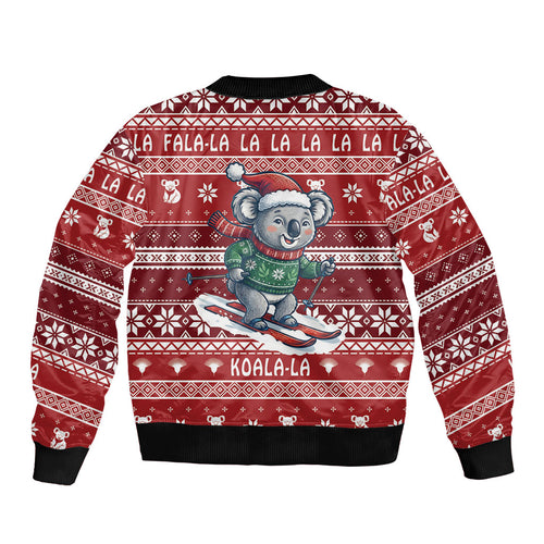 Australia Christmas In July Sleeve Zip Bomber Jacket Koala Santa Skiing Red Color