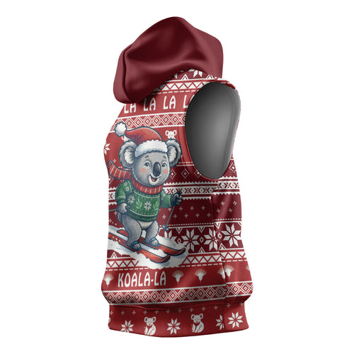 Australia Christmas In July Sleeveless Hoodie Koala Santa Skiing Red Color