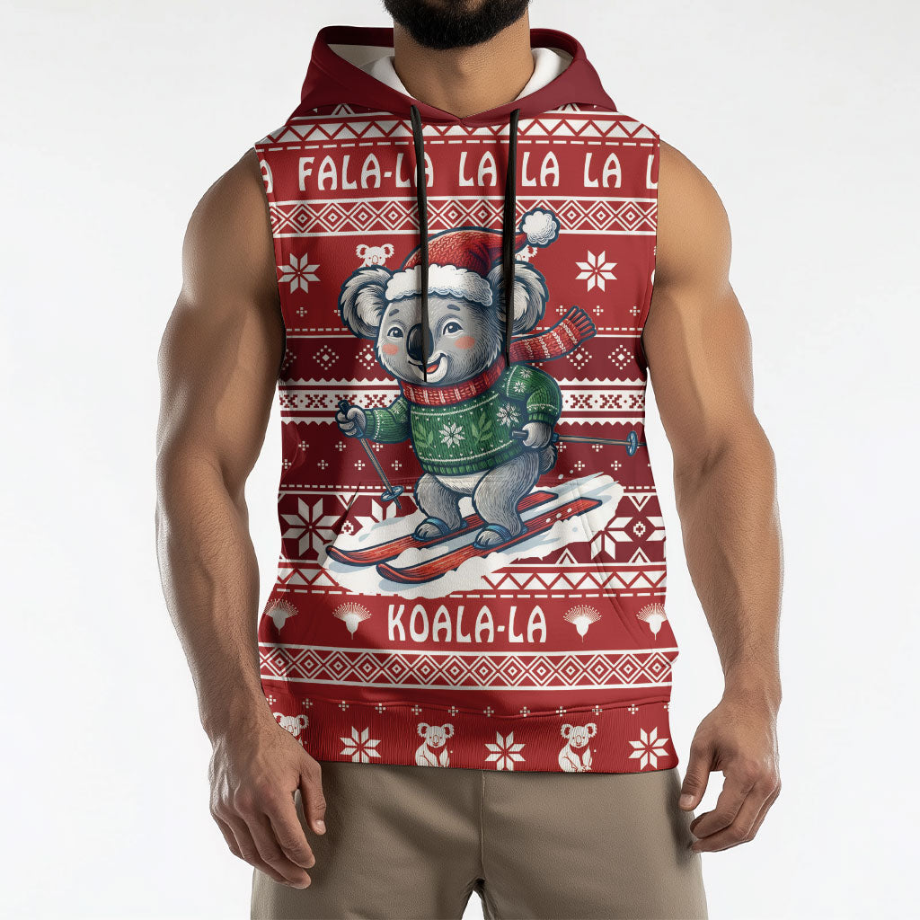 Australia Christmas In July Sleeveless Hoodie Koala Santa Skiing Red Color