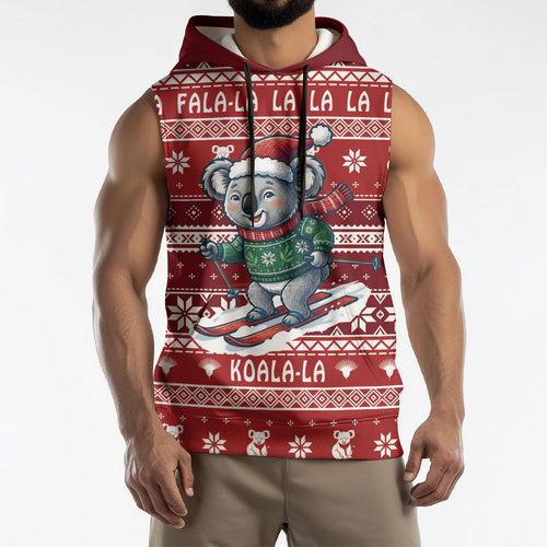 Australia Christmas In July Sleeveless Hoodie Koala Santa Skiing Red Color