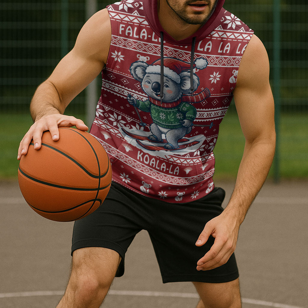 Australia Christmas In July Sleeveless Hoodie Koala Santa Skiing Red Color