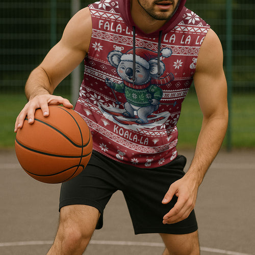 Australia Christmas In July Sleeveless Hoodie Koala Santa Skiing Red Color