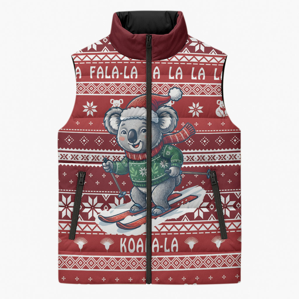 Australia Christmas In July Sleeveless Puffer Jacket Koala Santa Skiing Red Color