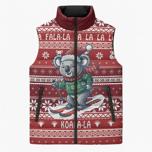 Australia Christmas In July Sleeveless Puffer Jacket Koala Santa Skiing Red Color