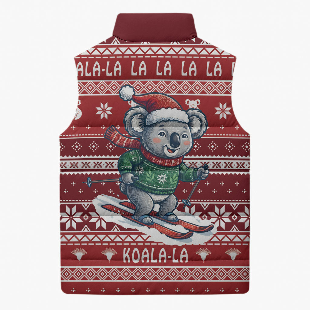 Australia Christmas In July Sleeveless Puffer Jacket Koala Santa Skiing Red Color
