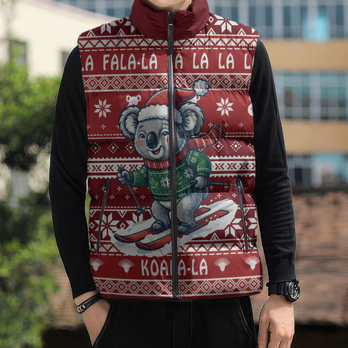 Australia Christmas In July Sleeveless Puffer Jacket Koala Santa Skiing Red Color