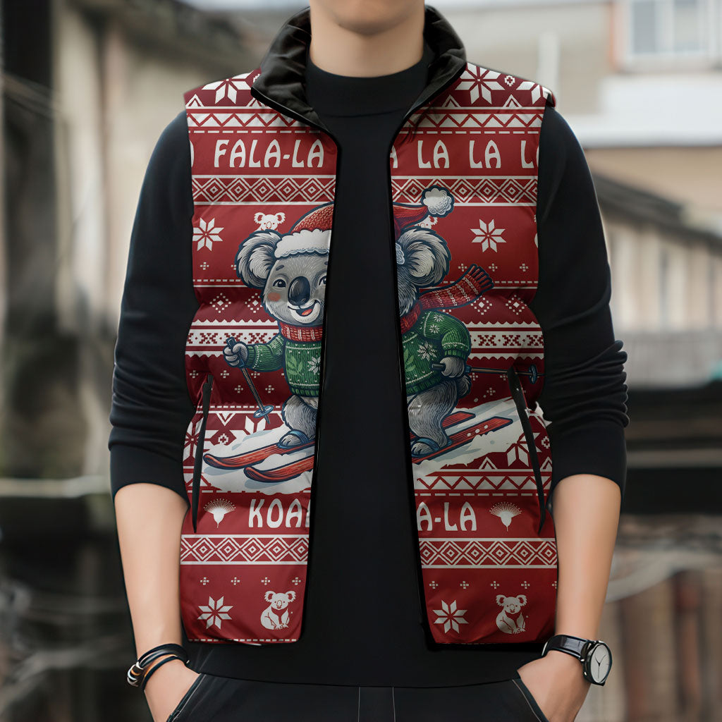 Australia Christmas In July Sleeveless Puffer Jacket Koala Santa Skiing Red Color