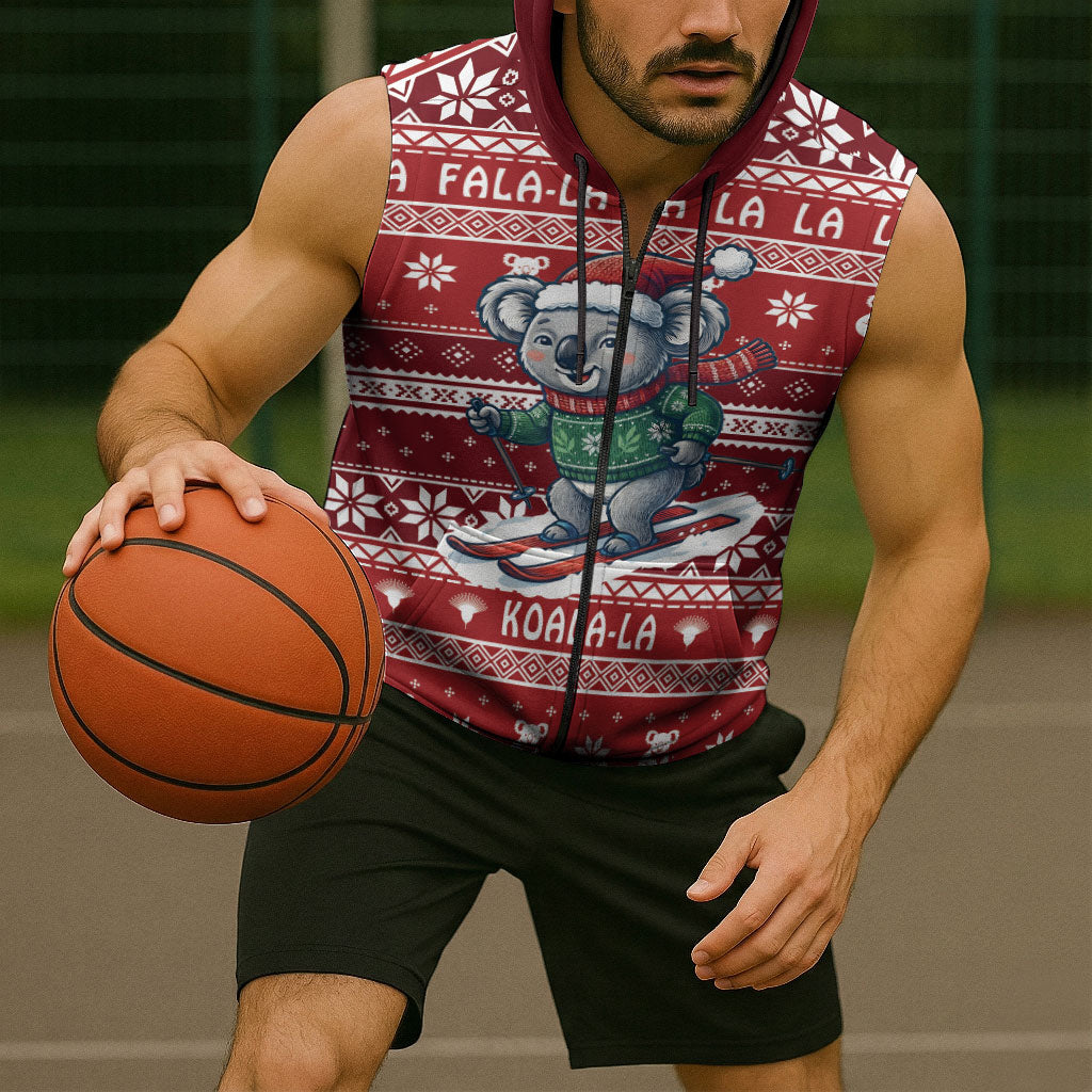 Australia Christmas In July Sleeveless Zip Hoodie Koala Santa Skiing Red Color