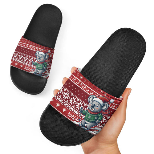 Australia Christmas In July Slide Sandals Koala Santa Skiing Red Color