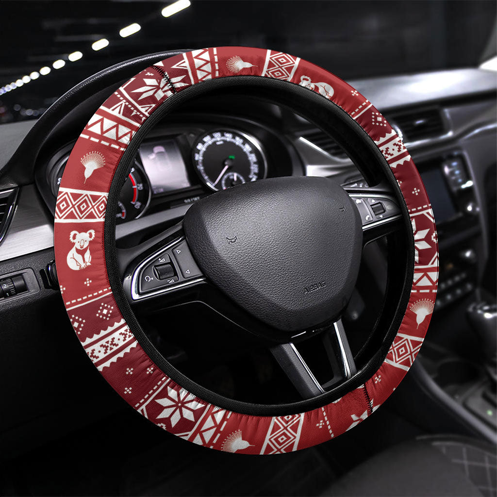 Australia Christmas In July Steering Wheel Cover Koala Santa Skiing Red Color
