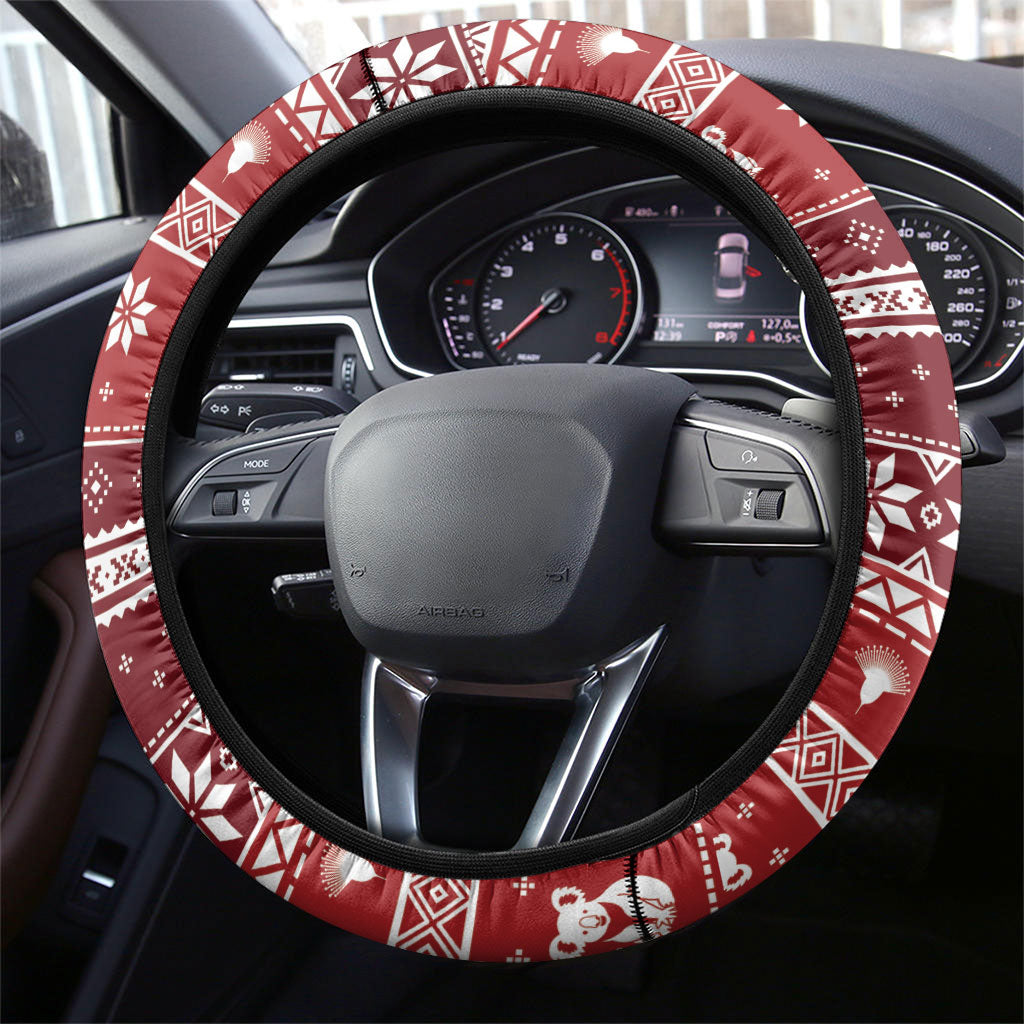 Australia Christmas In July Steering Wheel Cover Koala Santa Skiing Red Color