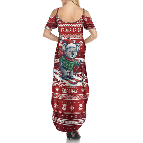 Australia Christmas In July Summer Maxi Dress Koala Santa Skiing Red Color