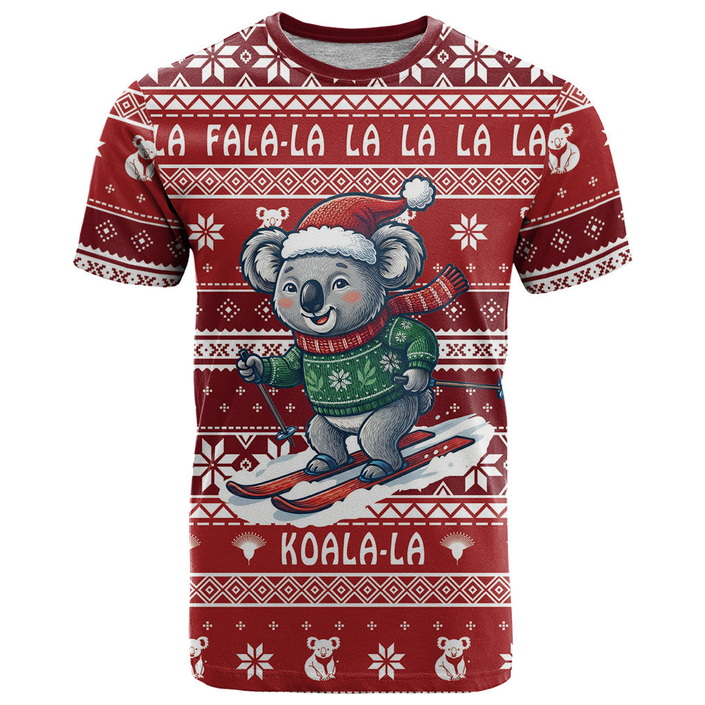 Australia Christmas In July T Shirt Koala Santa Skiing Red Color