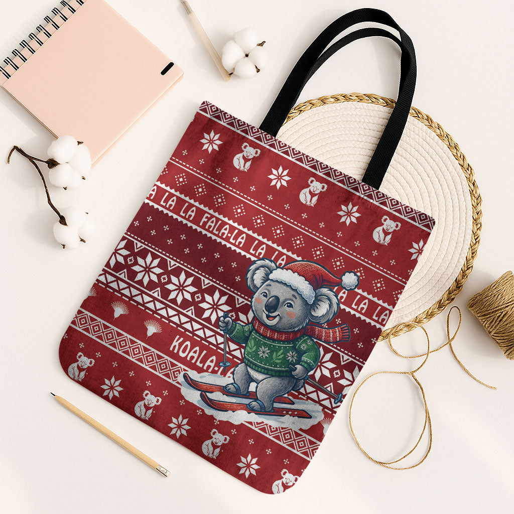 Australia Christmas In July Tote Bag Koala Santa Skiing Red Color