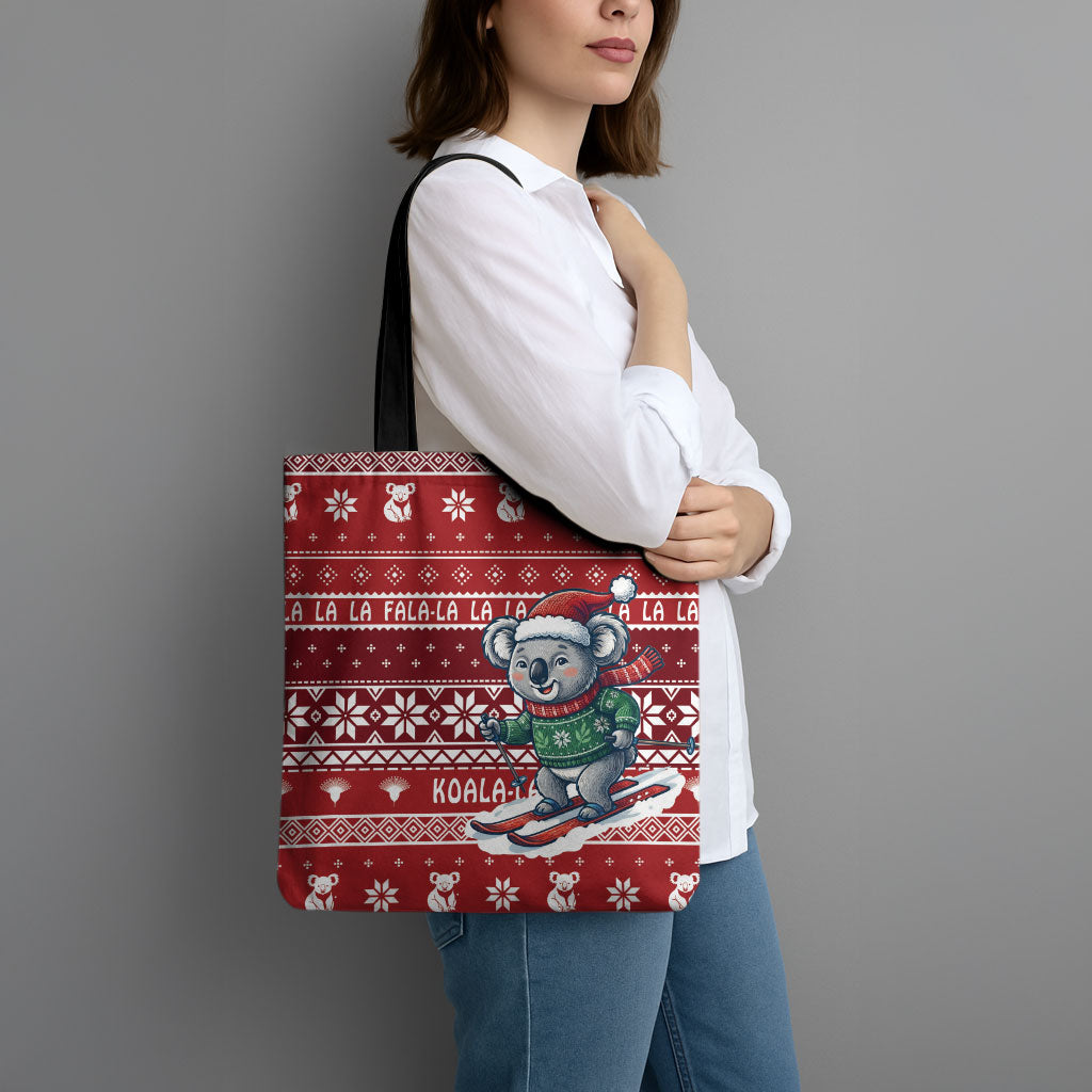 Australia Christmas In July Tote Bag Koala Santa Skiing Red Color
