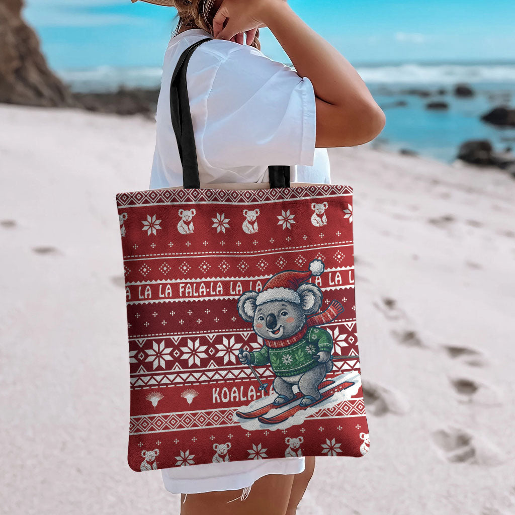 Australia Christmas In July Tote Bag Koala Santa Skiing Red Color