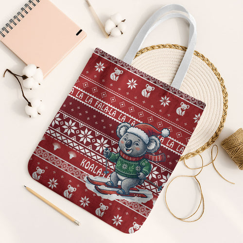 Australia Christmas In July Tote Bag Koala Santa Skiing Red Color