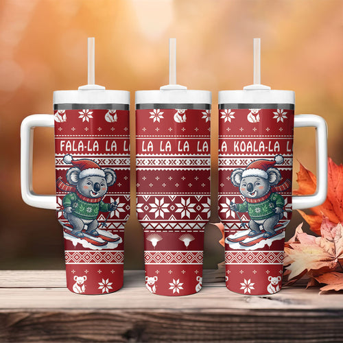 Australia Christmas In July Tumbler With Handle Koala Santa Skiing Red Color