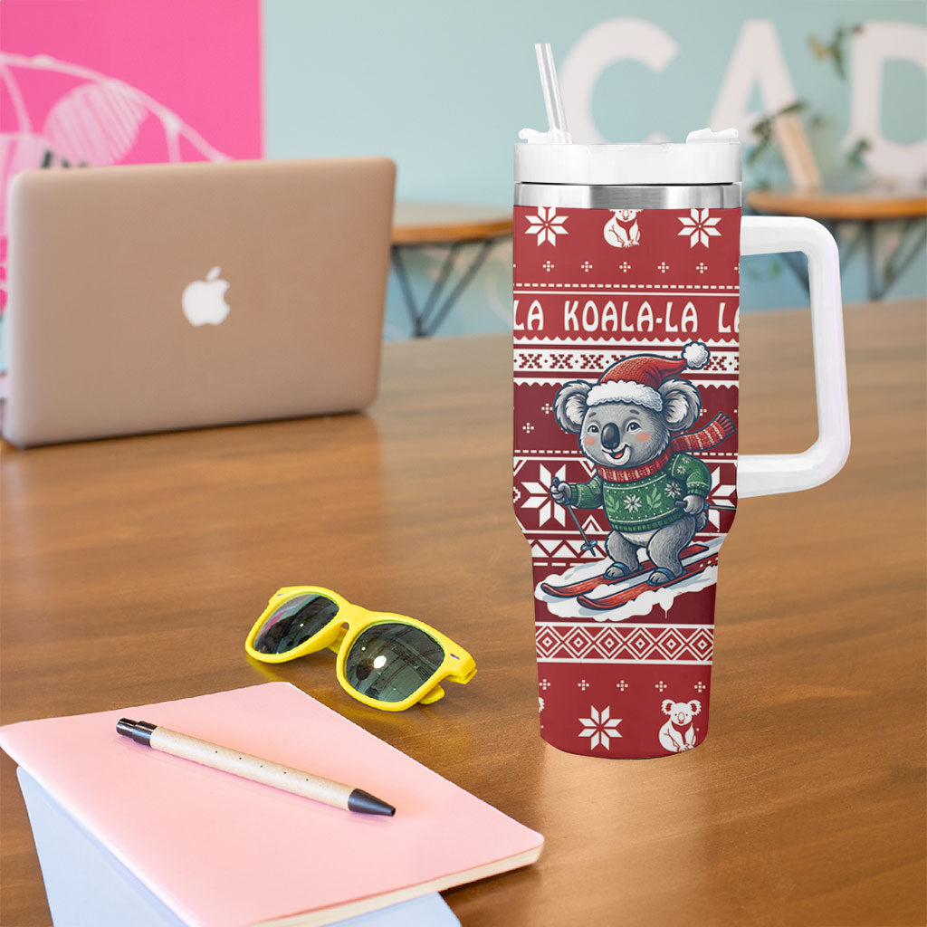 Australia Christmas In July Tumbler With Handle Koala Santa Skiing Red Color
