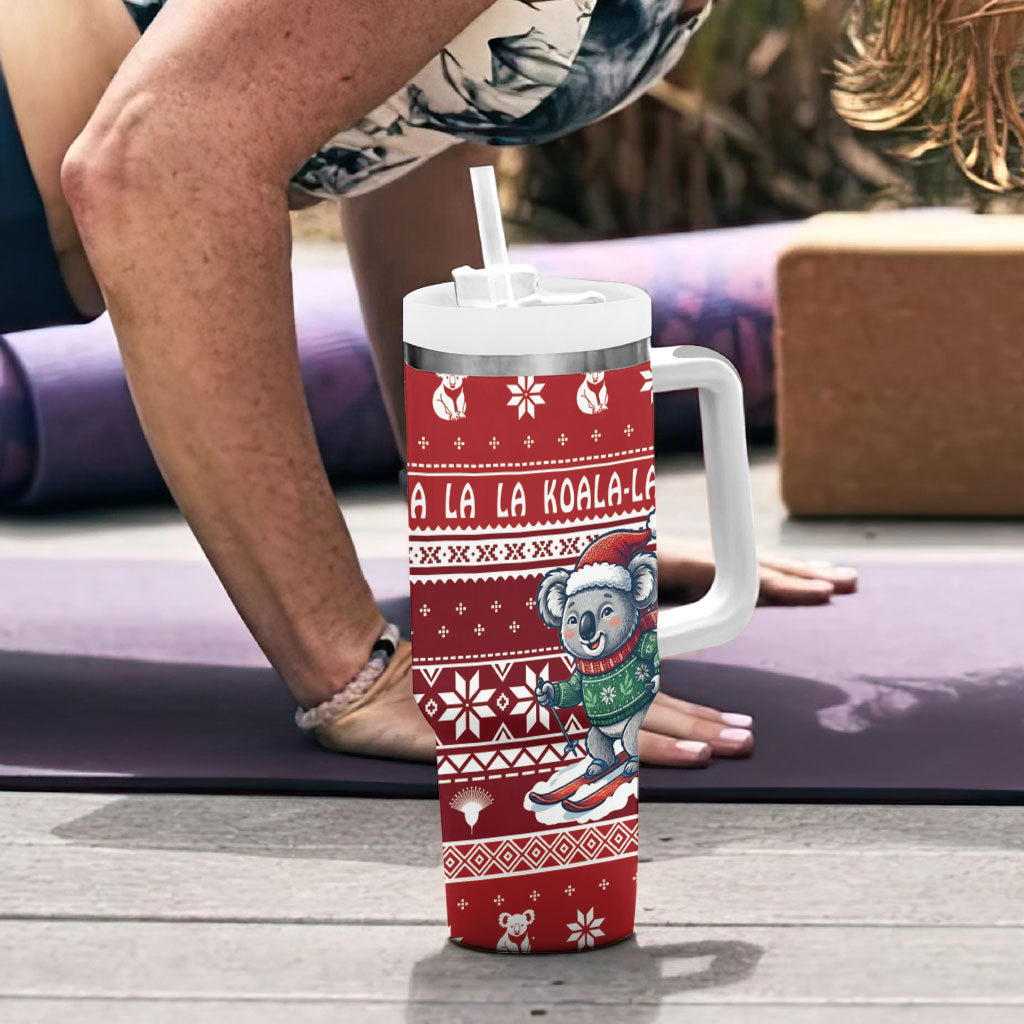 Australia Christmas In July Tumbler With Handle Koala Santa Skiing Red Color