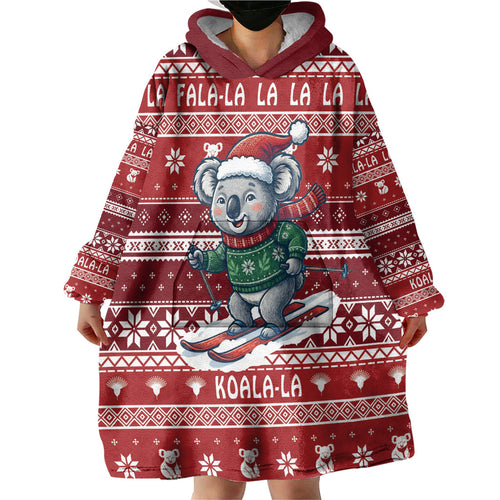 Australia Christmas In July Wearable Blanket Hoodie Koala Santa Skiing Red Color